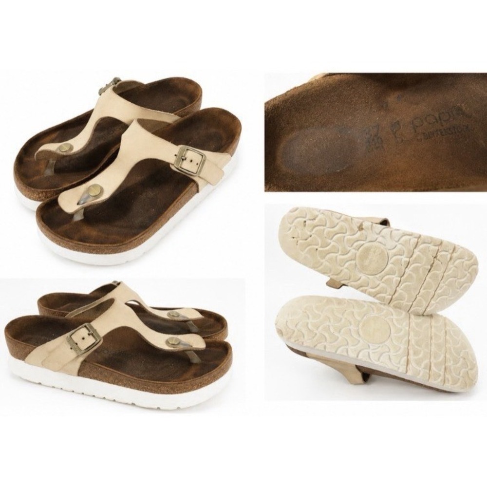 Papillio Birkenstock Gizeh Platform Sandals Beige Leather EU 37 US 7